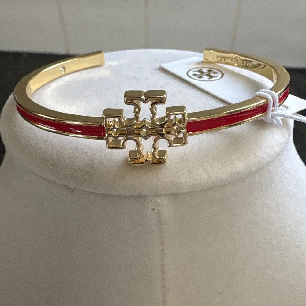 Tory Burch Miller Enamel Cuff Bracelet Red Gold Tone Double T Logo New